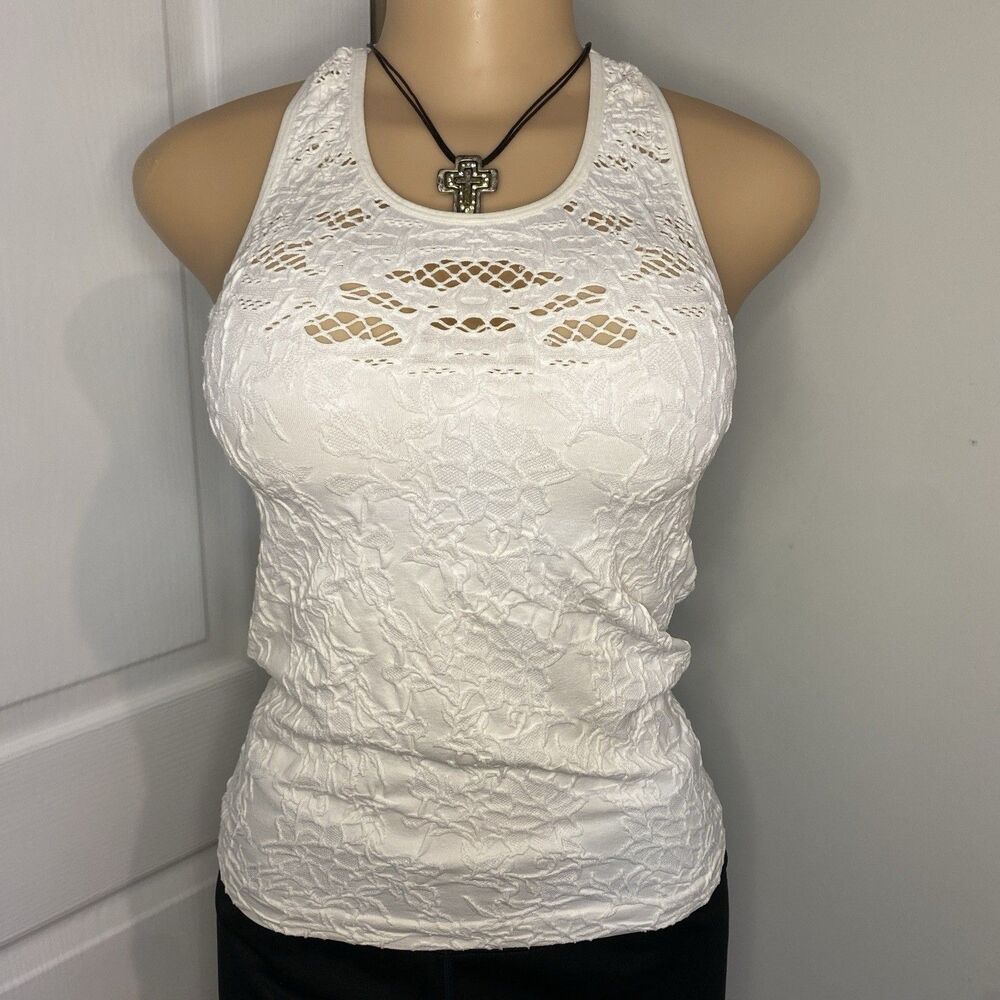 nophat y2k camisole stretchy racerback creme color lace raised floral pattern